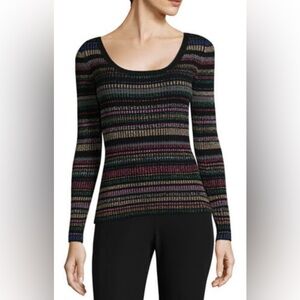Milly Metallic Striped Scoopneck Sweater Long Sleeve Top